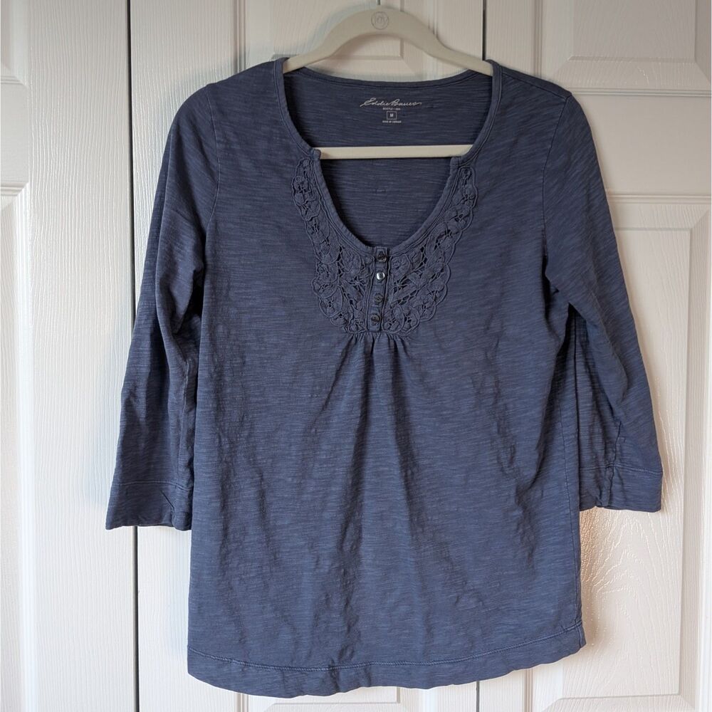 Eddie Bauer Blue Knit Henley Cotton Shirt Size M Capsule Pieces Comfortable